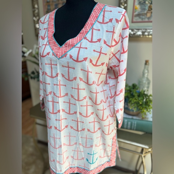 ECOACCENTS CASUAL BEACH POOL NAUTICAL ANCHOR PEACH & WHITE TUNIC COVERUP SZ M - Picture 2 of 7